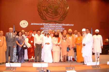 The multi-faith Indian Delegation included H.H. Sri Shankaracharyaji of Bhanpura Peeth, Swami Divyanand Teerthji, H.H. Dada J.P. Vaswaniji of Pune, H.H. Swami Chidanand Saraswatiji (Pujya Muniji) of Parmarth Niketan, Rishikesh, H.H. Swami Dayanand Saraswatiji of Coimbatore, H.H. Sai Das Baba of Ujjain,  H.H. Acharya Chandanaji representing Jainism, H.H. Prof. Haspalji representing H.H. Jagjit Singhji Maharaj, of the Namdhari Sikh tradition, Ven. Siri Sumedha Theroji, Sarnath  representing Buddhism, H.H. Syed Zainul Abedin Ali, Ajmer representing Islam and H.E. Vincent Concessao, Archbishop of Delhi representing Christianity.